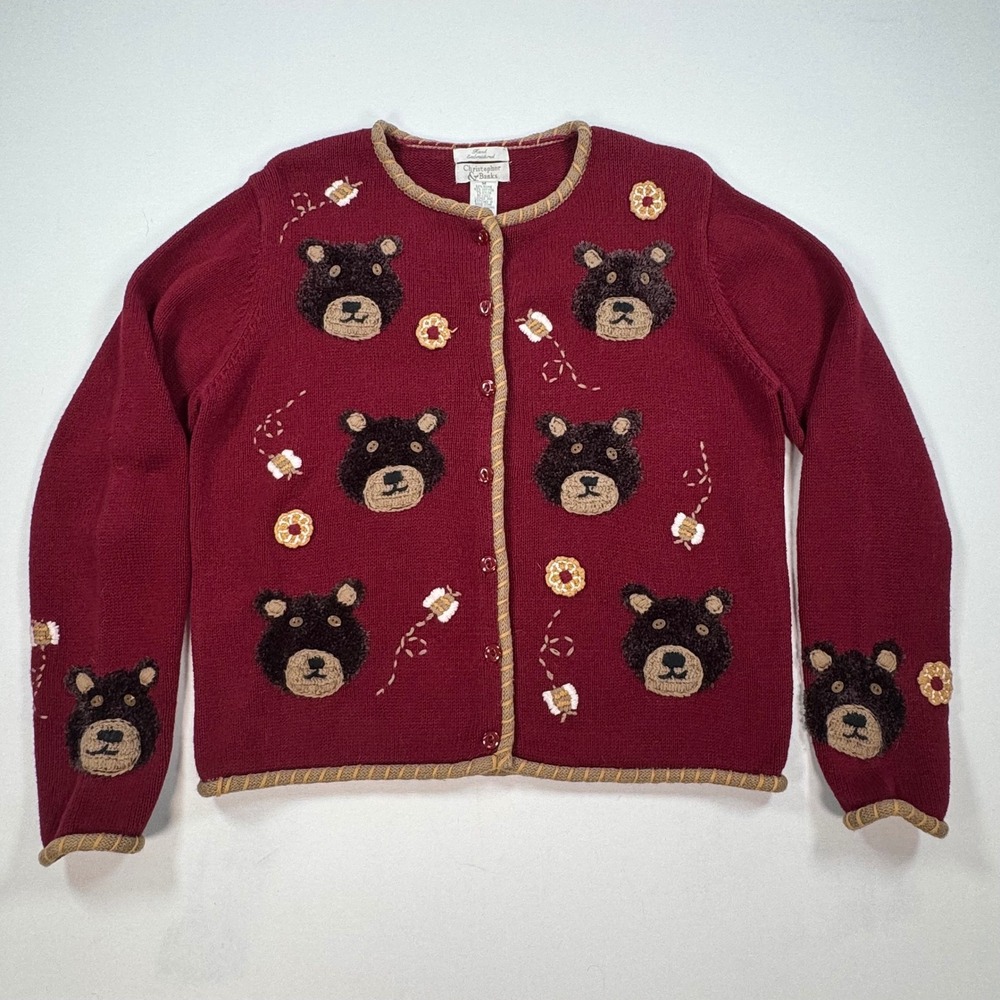 Christopher & Banks Bear Honey Bee Embroidered Cardigan Sweater Burgundy Red M